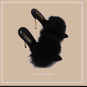 Black furry peep toe gold stiletto